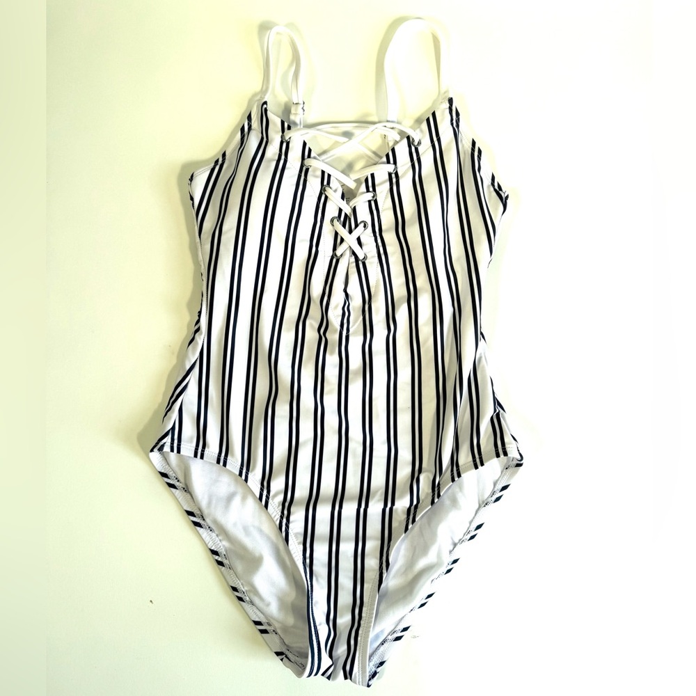 Nautica White with Navy Stripes Mio Laced Front One Piece Swimsuit - Picture 12 of 14